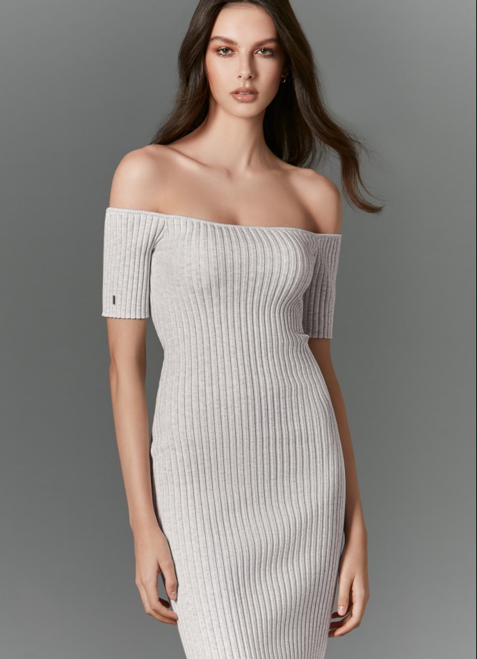 RIBBED KNIT OFF-SHOULDER SHORT-SLEEVE MIDI DRESS - CLOUDY WHITE